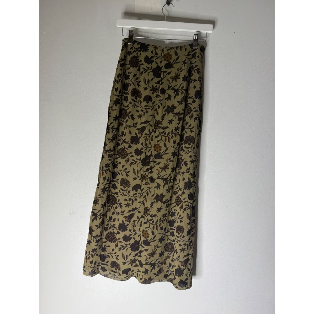 Vintage Floral Maxi Skirt Olive Green Brown Earth Tone High Waisted Column Skirt - Picture 2 of 6